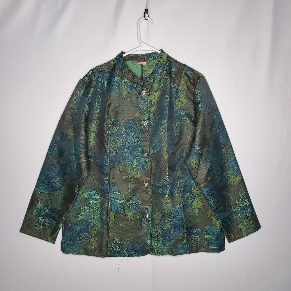 Tudor‎ Court Damask Jacket Women XL Green Artsy Leaf Goblin Forest Fairy 90s Vtg